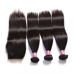 MaleisischeSteil Haar 3 Bundels Met Sluiting 100% Human haar Weave en 4x4 Vetersluiting Gratis Deel Remy 4 STKS