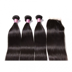 MaleisischeSteil Haar 3 Bundels Met Sluiting 100% Human haar Weave en 4x4 Vetersluiting Gratis Deel Remy 4 STKS