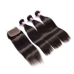 MaleisischeSteil Haar 3 Bundels Met Sluiting 100% Human haar Weave en 4x4 Vetersluiting Gratis Deel Remy 4 STKS